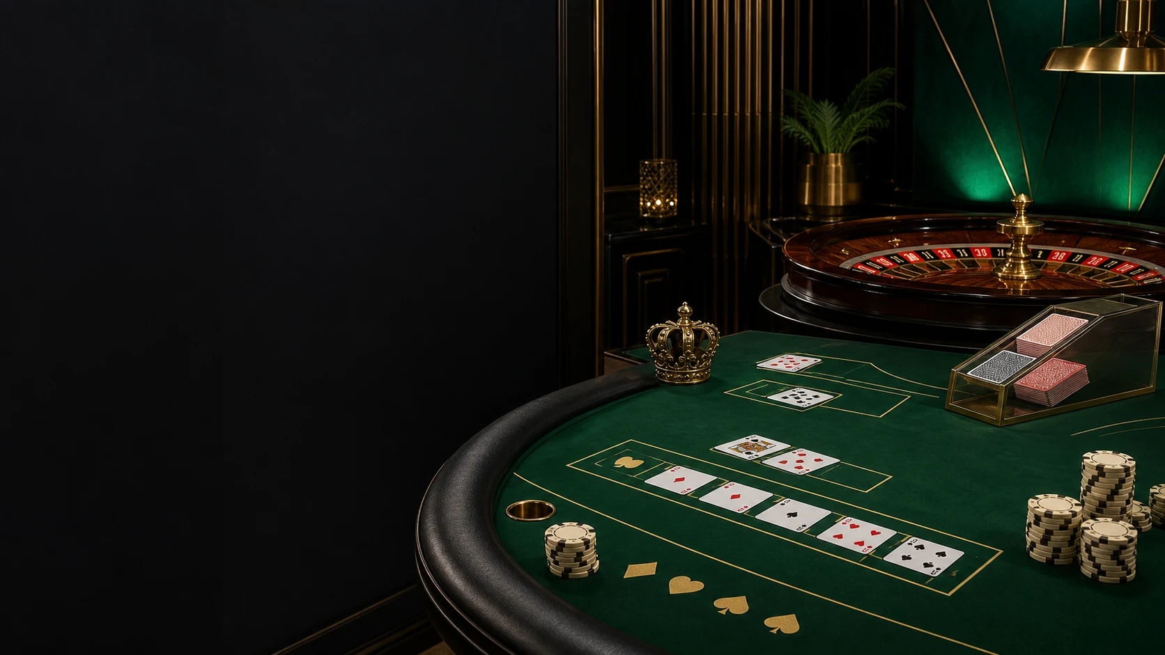 Green-felt casino table with roulette wheel, cards and chips